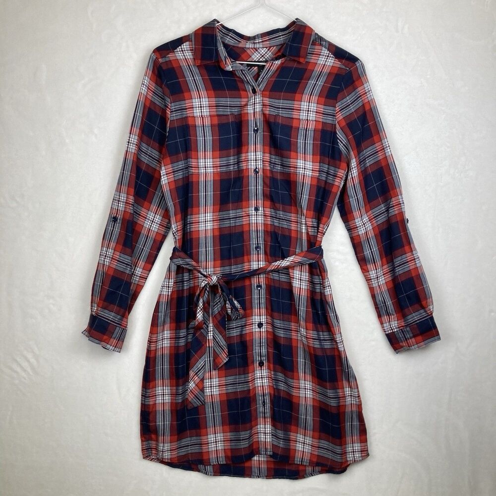 Banana Republic Dress Womens 8 Red Blue Plaid Belted Shirtdress Button Up Preppy